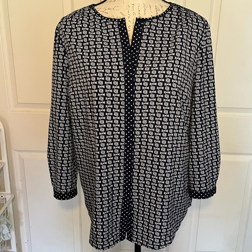 Talbots Navy Blue Tunic Chain Link Button Up Blouse Oversized Large